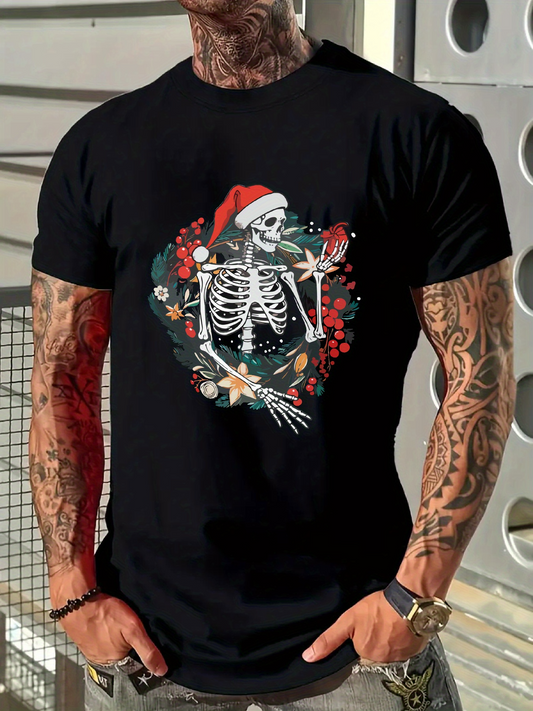 Men's Graphic T-Shirt Festive Skeleton With Santa Hat Among Winter Holiday Floral Wreath Skeleton