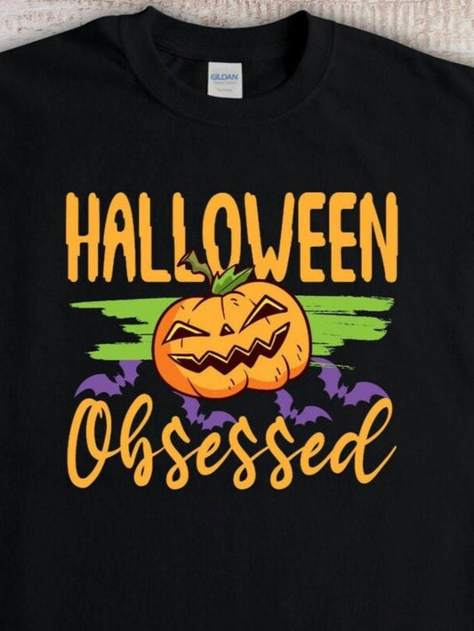 Men's Graphic T-Shirt Halloween Obsessed Smiling Pumpkin With Bats And Green Brush Strokes