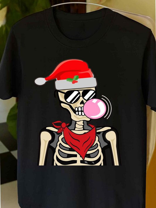 Men's Graphic T-Shirt Christmas Skeleton With Sunglasses Blowing Pink Bubblegum