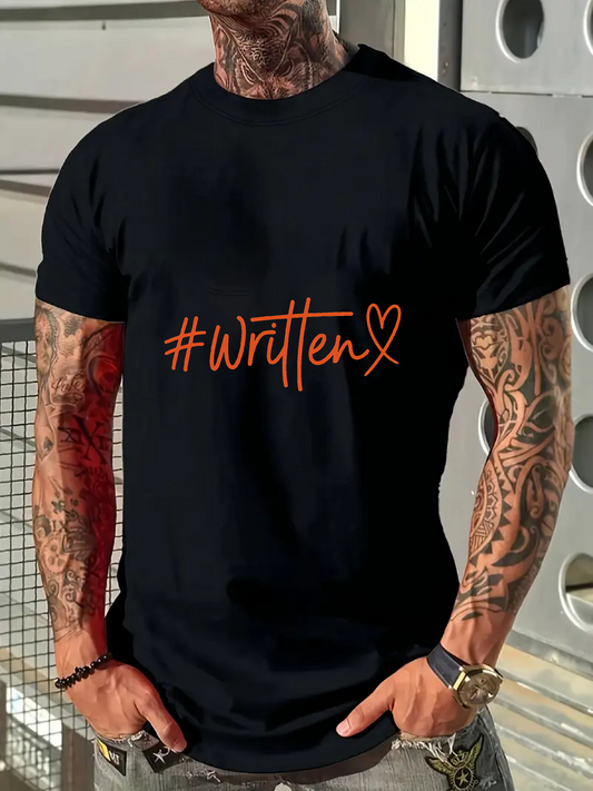 Men's Graphic T-Shirt Written Handdrawn Orange Script With Heart Accent On Black T Shirt