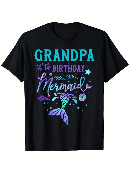 Men's Graphic T-Shirt Grandpa Is The Birthday Mermaid With Starfish Bubbles And Ocean Shells Mermaid