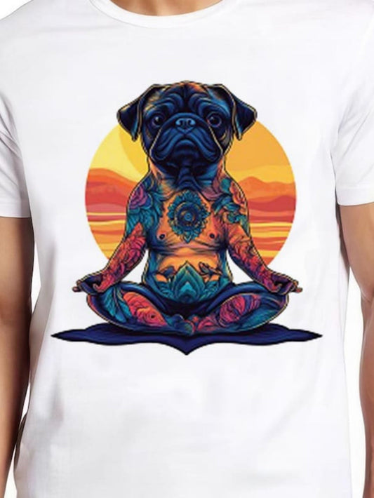 Men's Graphic T-Shirt Radiant Sunrise Mandala With Tattooed Meditating Tranquil Pug