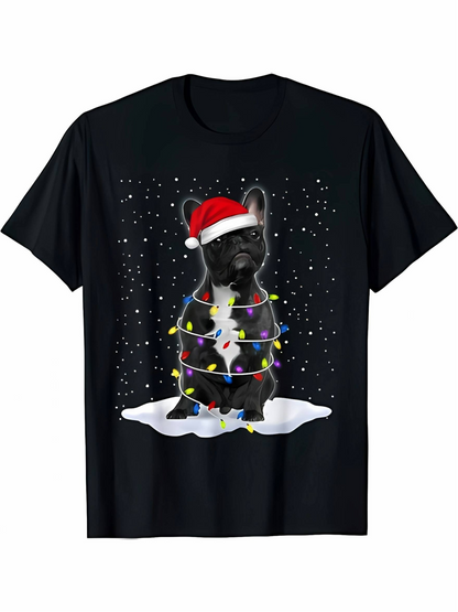 Men's Graphic T-Shirt Christmas Lights With Santa Hat On Snowy French Bulldog
