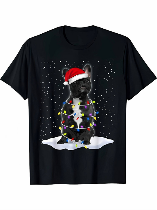 Men's Graphic T-Shirt Christmas Lights With Santa Hat On Snowy French Bulldog