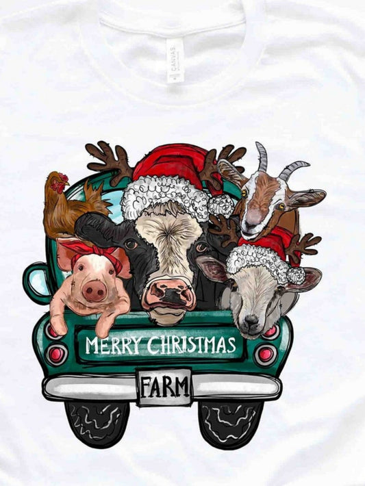 Men's Graphic T-Shirt Merry Christmas Farm Animals Wearing Santa Hats On Vintage Truck