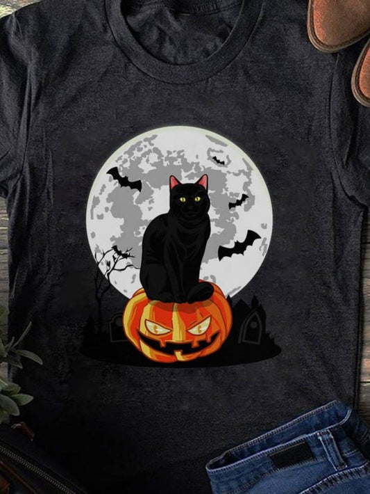 Men's Graphic T-Shirt Full Moon Night With Bats And Pumpkin Sitting Black Cat