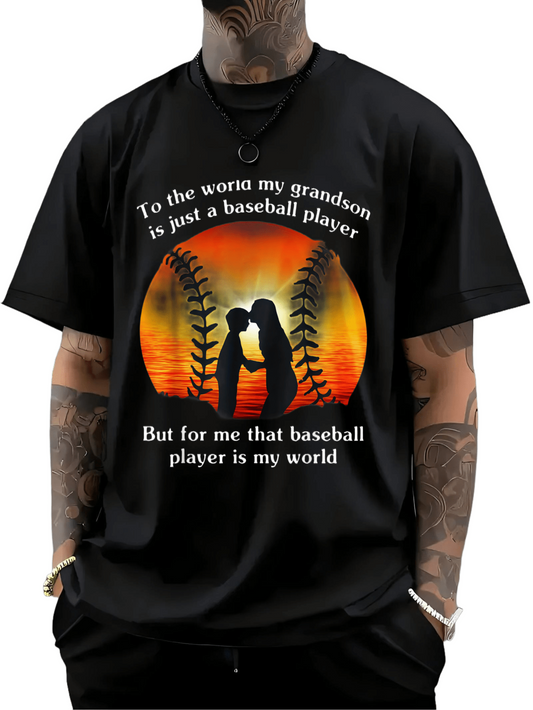 Men's Graphic T-Shirt To The World My Grandson Is Just A Baseball Player Sunset Silhouette With Baseball Stitch Pattern