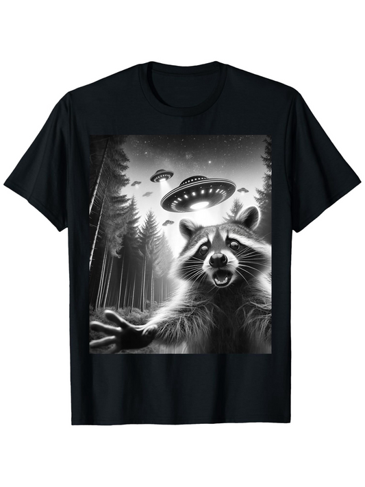 Men's Graphic T-Shirt Night Forest With UFO Lights Shining Over Surprised Raccoon