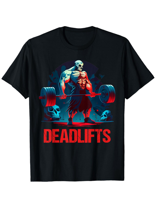 Men's Graphic T-Shirt Deadlifts Neon Barbell Strength With Glowing Skulls Surrounding Muscular Figure