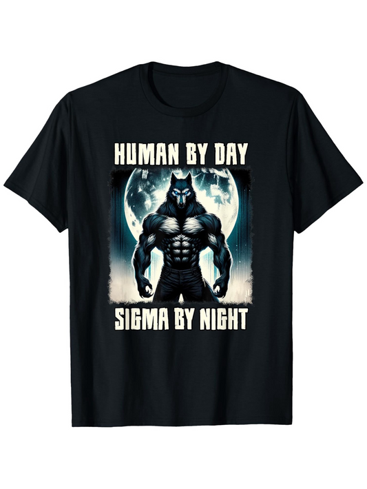Men's Graphic T-Shirt Human By Day Sigma By Night Shaded Moonlit Muscular Figure With Wolf Mask