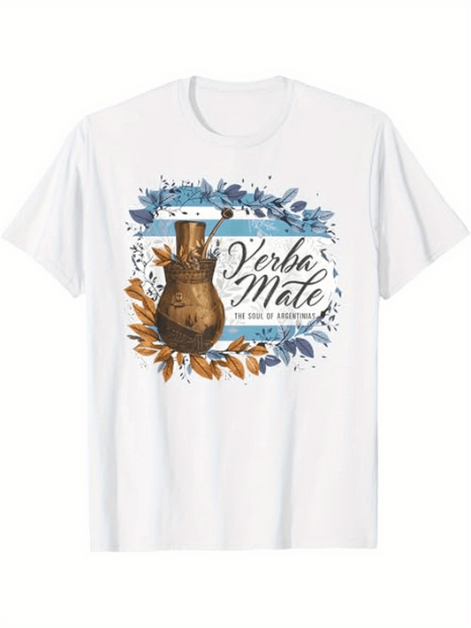 Men's Graphic T-Shirt Yerba Mate Surrounded By Autumn Leaves With Decorative Floral Vase