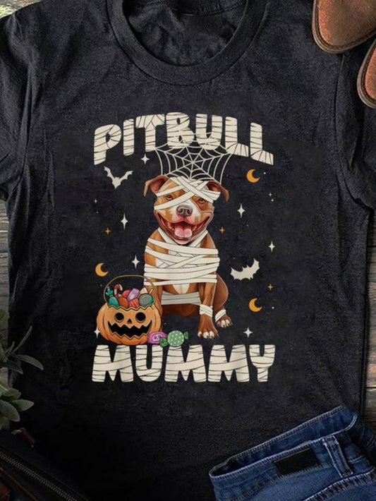 Men's Graphic T-Shirt Pitbull Mummy Wrapped In Bandages With Pumpkin Lantern And Halloween Bats Pitbull