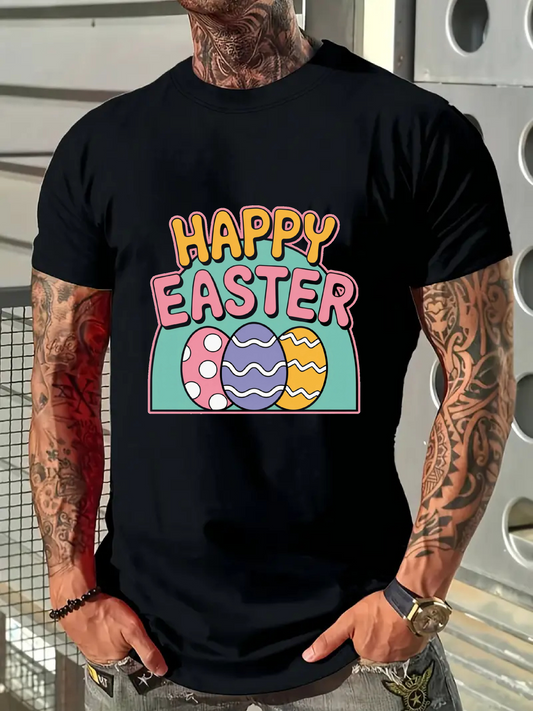 Men's Graphic T-Shirt Happy Easter Decorative Pastel Patterned Eggs Surrounded By Bright Lettering Design