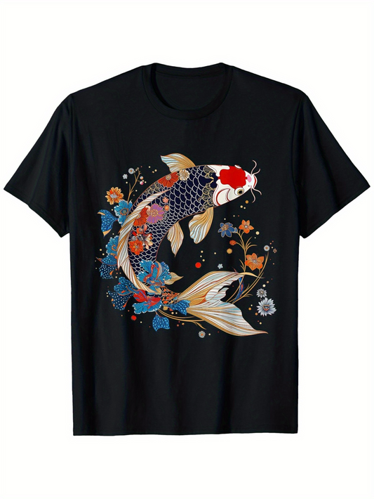 Men's Graphic T-Shirt Elegant Watercolor Flowers With Artistic Japanese Style Patterned Koi Fish