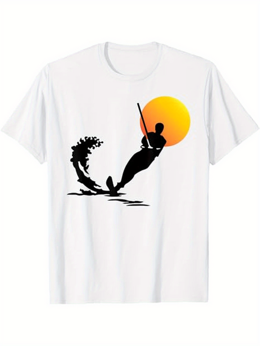 Men's Graphic T-Shirt Golden Sunset With Surfer Riding Waves Under Bright Orange Sun Surfer