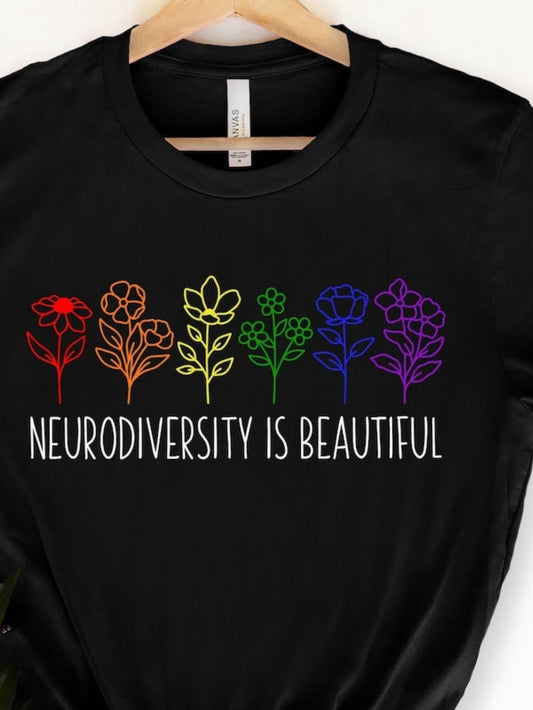 Men's Graphic T-Shirt Neurodiversity Is Beautiful Rainbow Line Art With Simple Blossoming Flowers