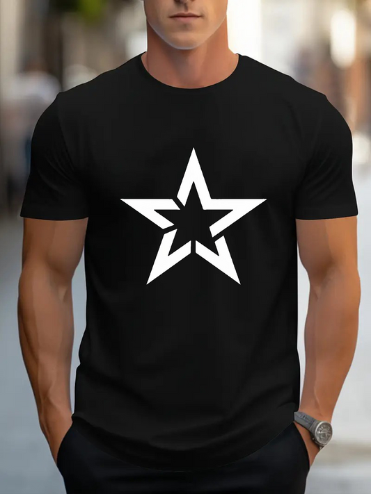 Men's Graphic T-Shirt Geometric White Star Centered On Sleek Modern Black Shirt