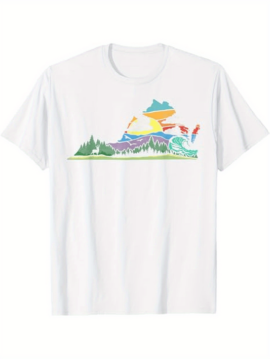 Men's Graphic T-Shirt Colorful Landscape With River Trees Flowing Under Majestic Sun Mountain