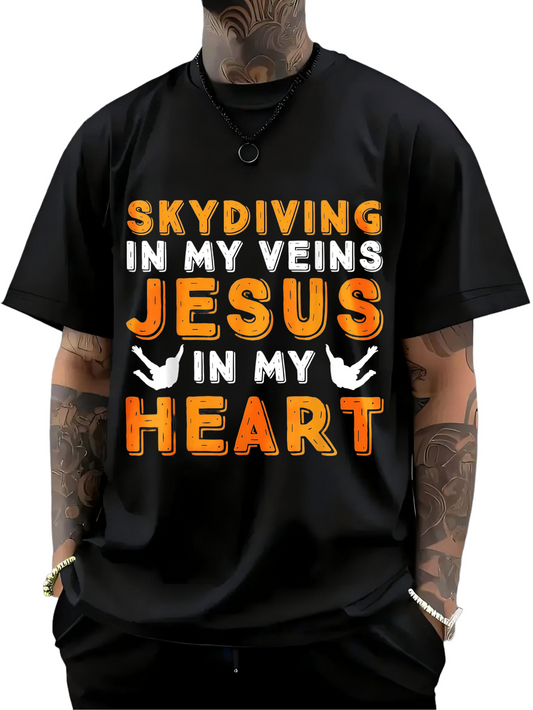 Men's Graphic T-Shirt Skydiving In My Veins Jesus In My Heart Bold Letters With White Doves Black Shirt