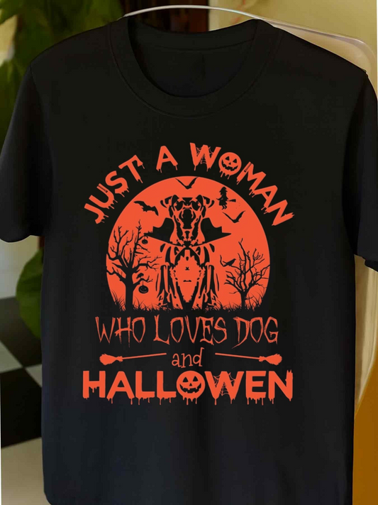 Men's Graphic T-Shirt Just A Woman Who Loves Dog And Halloween With Pumpkins And Scary Haunted Tree