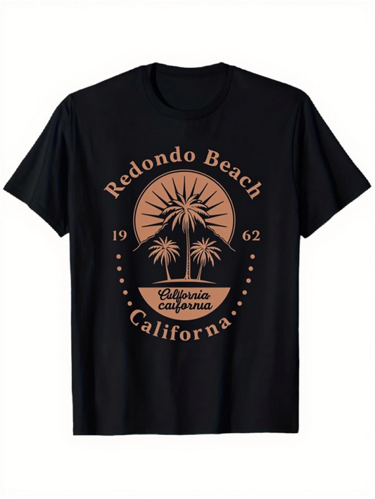 Men's Graphic T-Shirt Redondo Beach California Palm Sunset With Retro Style Design