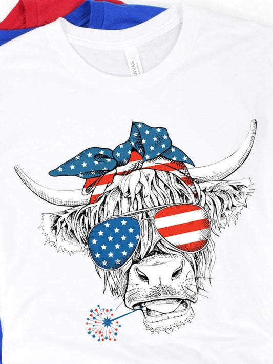 Men's Graphic T-Shirt Star Spangled Sunglasses And Headband On Highland Cow