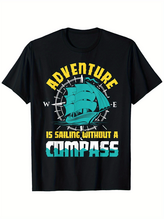 Men's Graphic T-Shirt Adventure Sailing Without A Compass Under Classic Nautical Wind Rose Ship