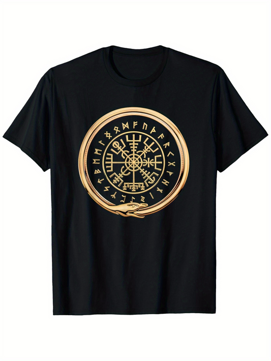 Men's Graphic T-Shirt Golden Ancient Nordic Symbol Surrounded By Mysterious Runes Circle Emblem