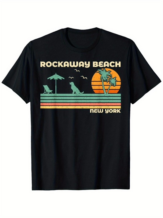 Men's Graphic T-Shirt Rockaway Beach New York Retro Palm Trees Sunset With Beach Chairs