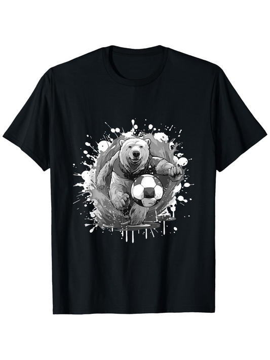 Men's Graphic T-Shirt Splashing Paint Grizzly Bear With Realistic Soccer Ball In Action