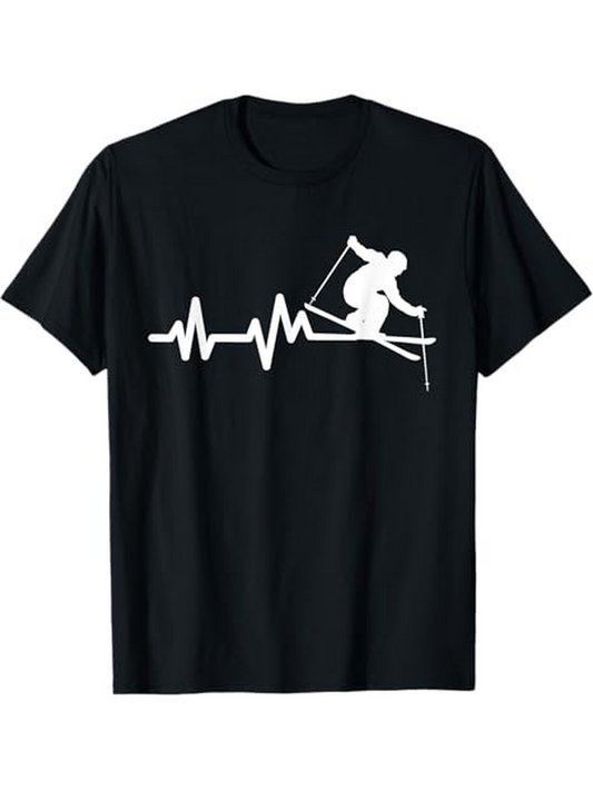 Men's Graphic T-Shirt Heartbeat Line Racing Downhill Among Snowy Ski Slope Skier