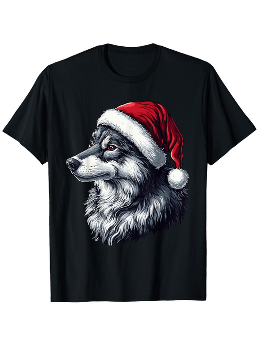 Men's Graphic T-Shirt Festive Holiday Wolf Wearing Santa Red Christmas Hat