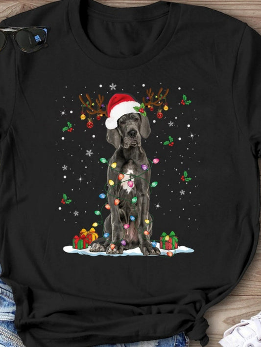 Men's Graphic T-Shirt Festive Holiday Lights With Gifts And Playful Great Dane Dog