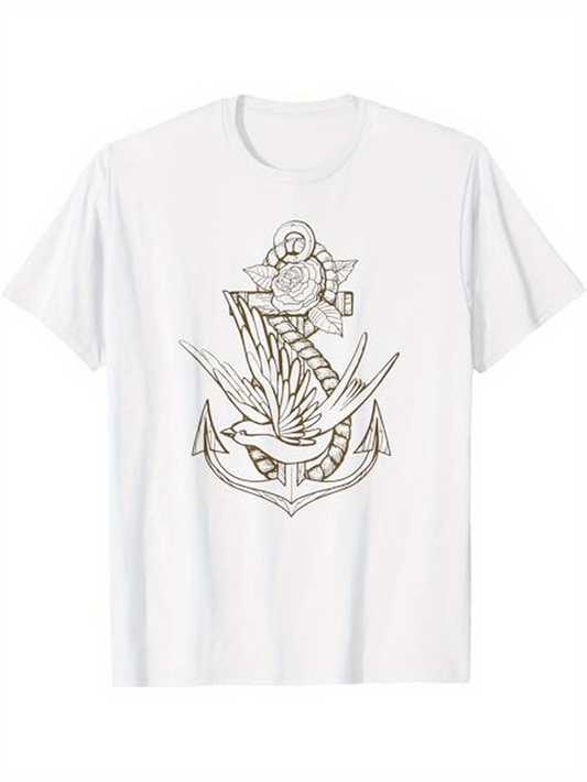 Men's Graphic T-Shirt Detailed Nautical Anchor With Soaring Bird And Ship Wheel Tattoo Anchor