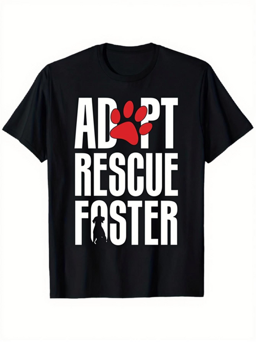 Men's Graphic T-Shirt Adopt Rescue Foster Bold White Letters With Red Pawprint And Silhouette Cat
