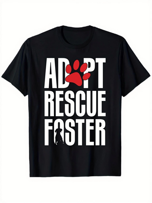 Men's Graphic T-Shirt Adopt Rescue Foster Bold White Letters With Red Pawprint And Silhouette Cat