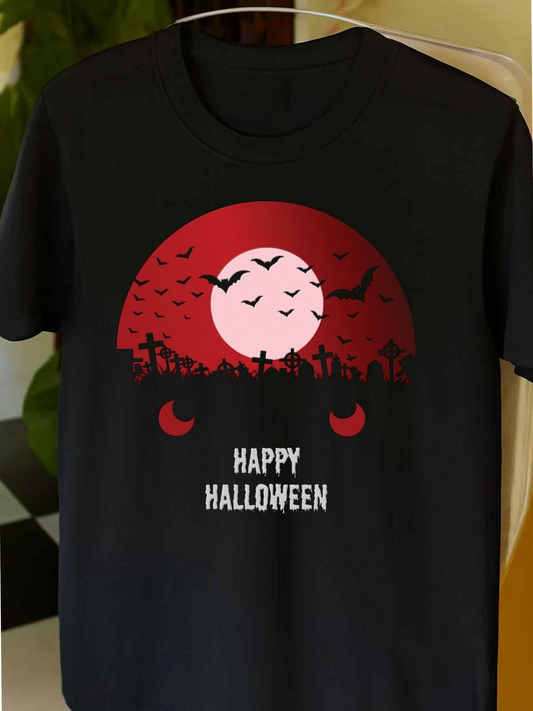 Men's Graphic T-Shirt Happy Halloween Red Moon Among Black Flying Bats And Creepy Forest