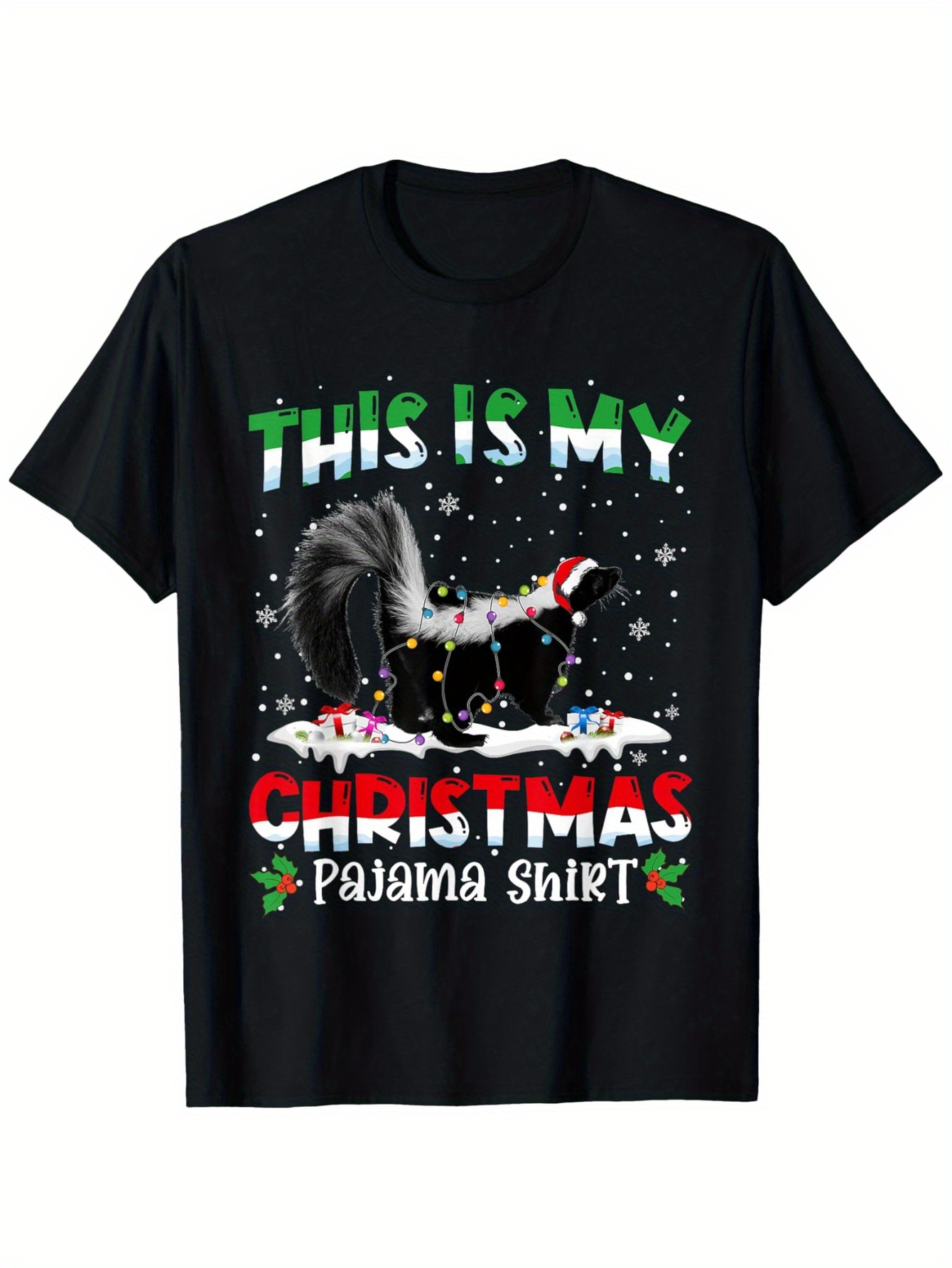 Men's Graphic T-Shirt This Is My Christmas Pajama Shirt With Snowflakes Santa Hat And Playful Skunk