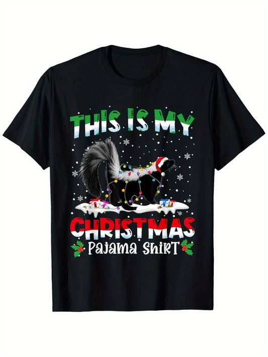 Men's Graphic T-Shirt This Is My Christmas Pajama Shirt With Snowflakes Santa Hat And Playful Skunk