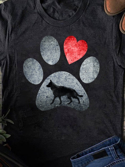Men's Graphic T-Shirt Large Gray Paw Print With Red Heart And Lone Wolf Silhouette