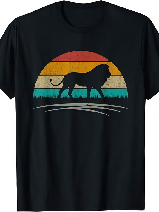 Men's Graphic T-Shirt Retro Sunset Colored Lines With Striding Silhouette Majestic Lion