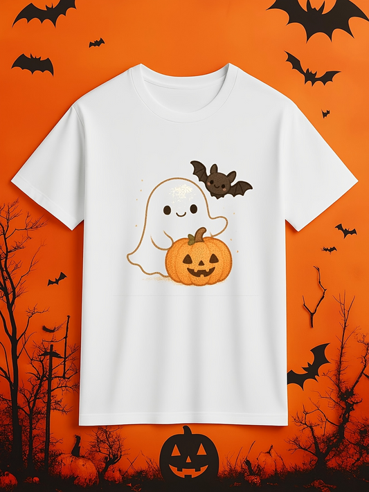 Men's Graphic T-Shirt Cute Ghost With Pumpkin Smiling Under Playful Flying Bat