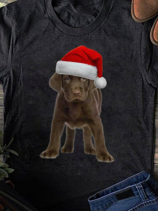 Men's Graphic T-Shirt Festive Winter Holiday Puppy Wearing Santa Hat