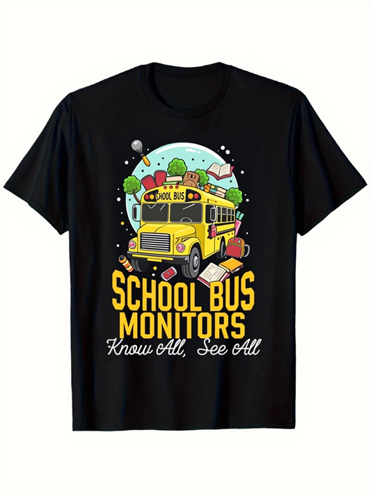 Men's Graphic T-Shirt School Bus Monitors Under Colorful Sky With Floating Books Trees And Big Yellow Bus