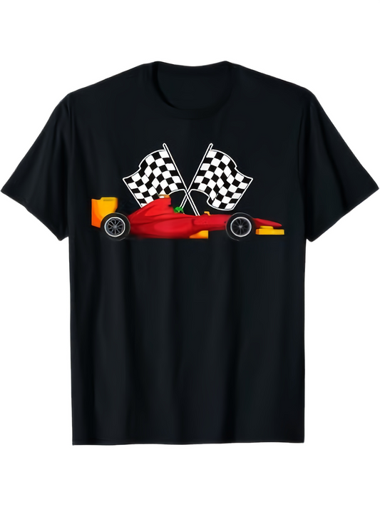 Men's Graphic T-Shirt Classic Racecar With Black And White Checkered Flags Behind Fast Car