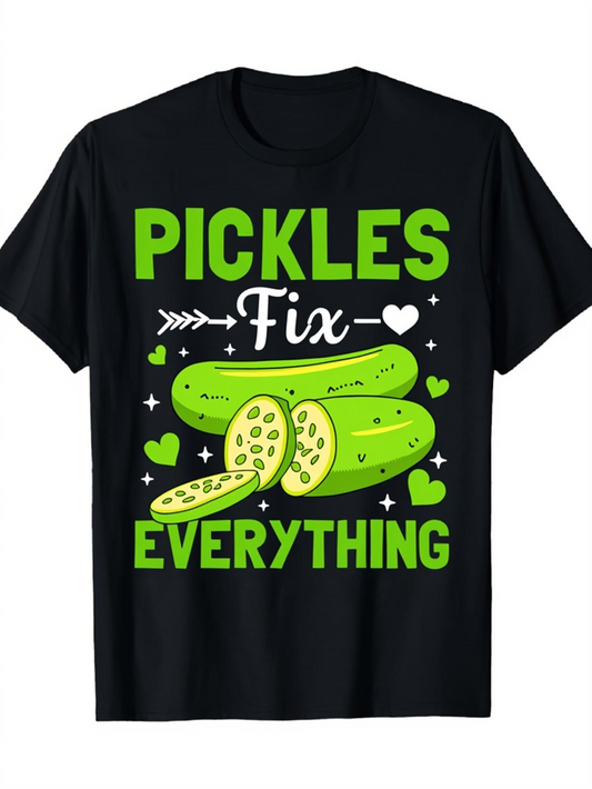 Men's Graphic T-Shirt Pickles Fix Everything Bright Green Cartoon Hearts With Sliced Cucumber Pickle