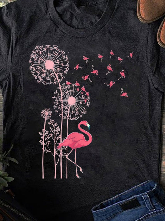 Men's Graphic T-Shirt Blooming Dandelions With Flying Petals And Graceful Pink Flamingo