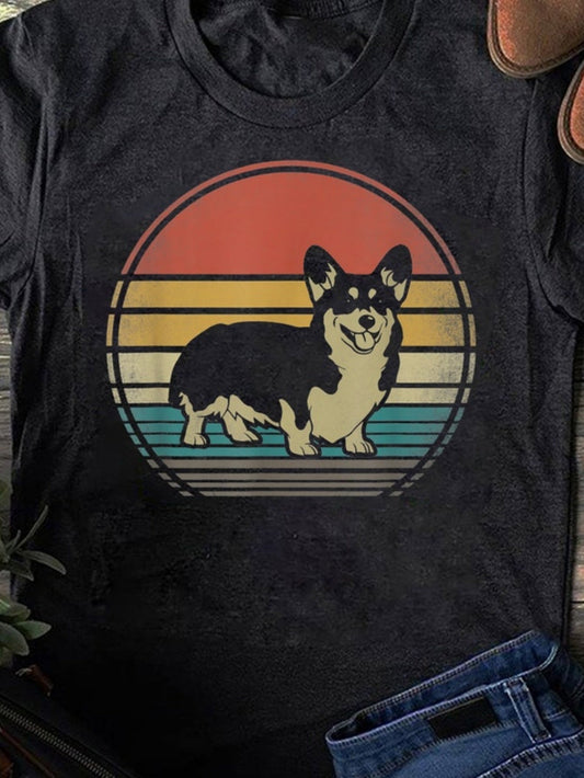 Men's Graphic T-Shirt Retro Sunset Stripes With Cheerful Smiling Corgi Dog