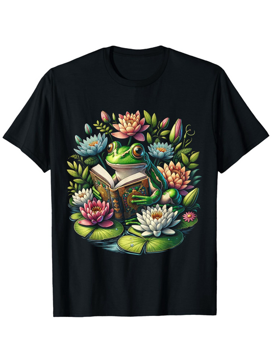 Men's Graphic T-Shirt Blooming Water Lilies With Peaceful Frog Reading Surrounded By Colorful Flowers