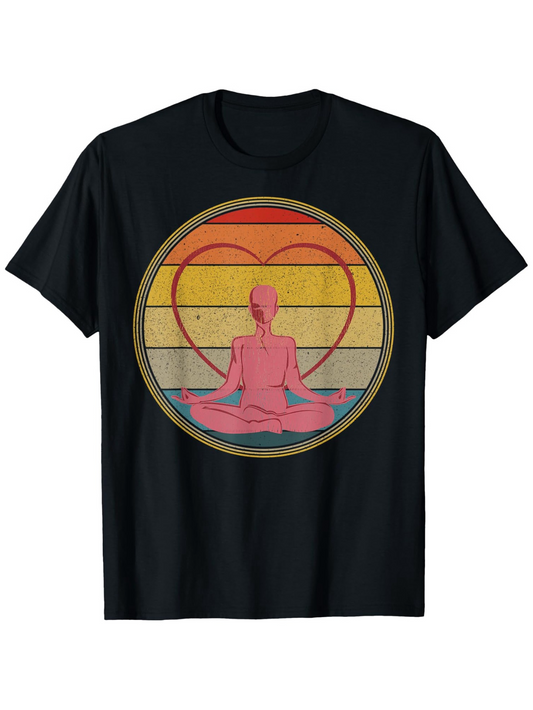 Men's Graphic T-Shirt Retro Sunset Yoga Meditation With Heart Shaped Line And Calm Figure
